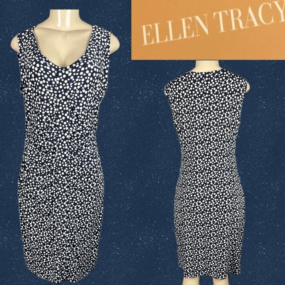Ellen Tracy M Navy-White Dot Print V-Neckline Ruched Sleeveless Below Knee Dress